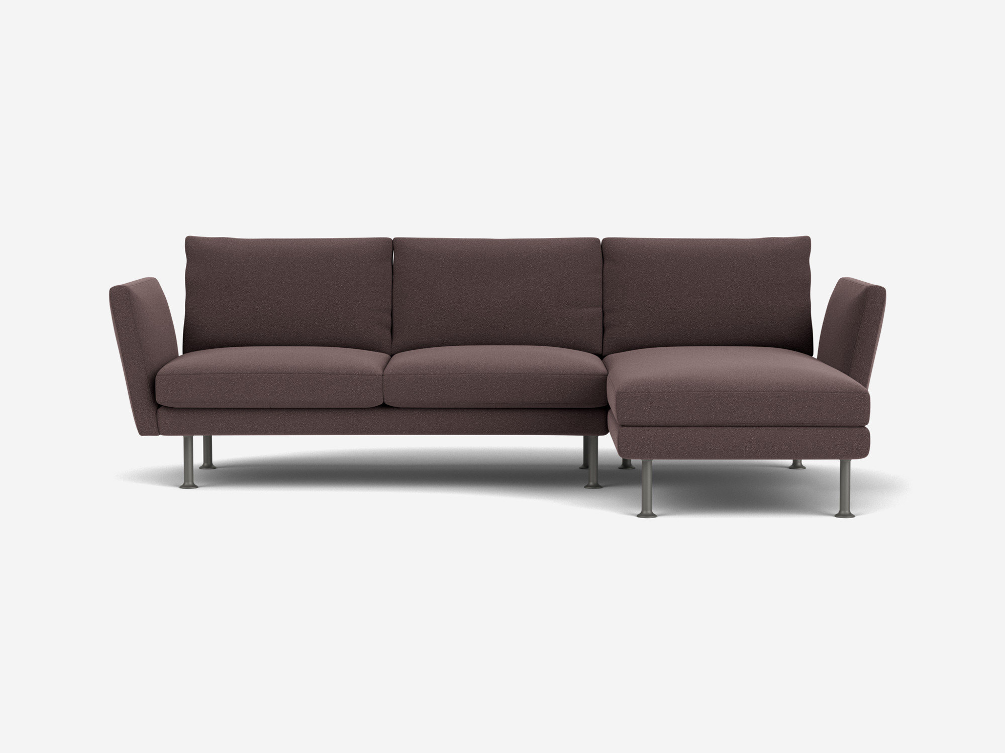 Front view of brown sectional sofa with high arms and right facing chaise